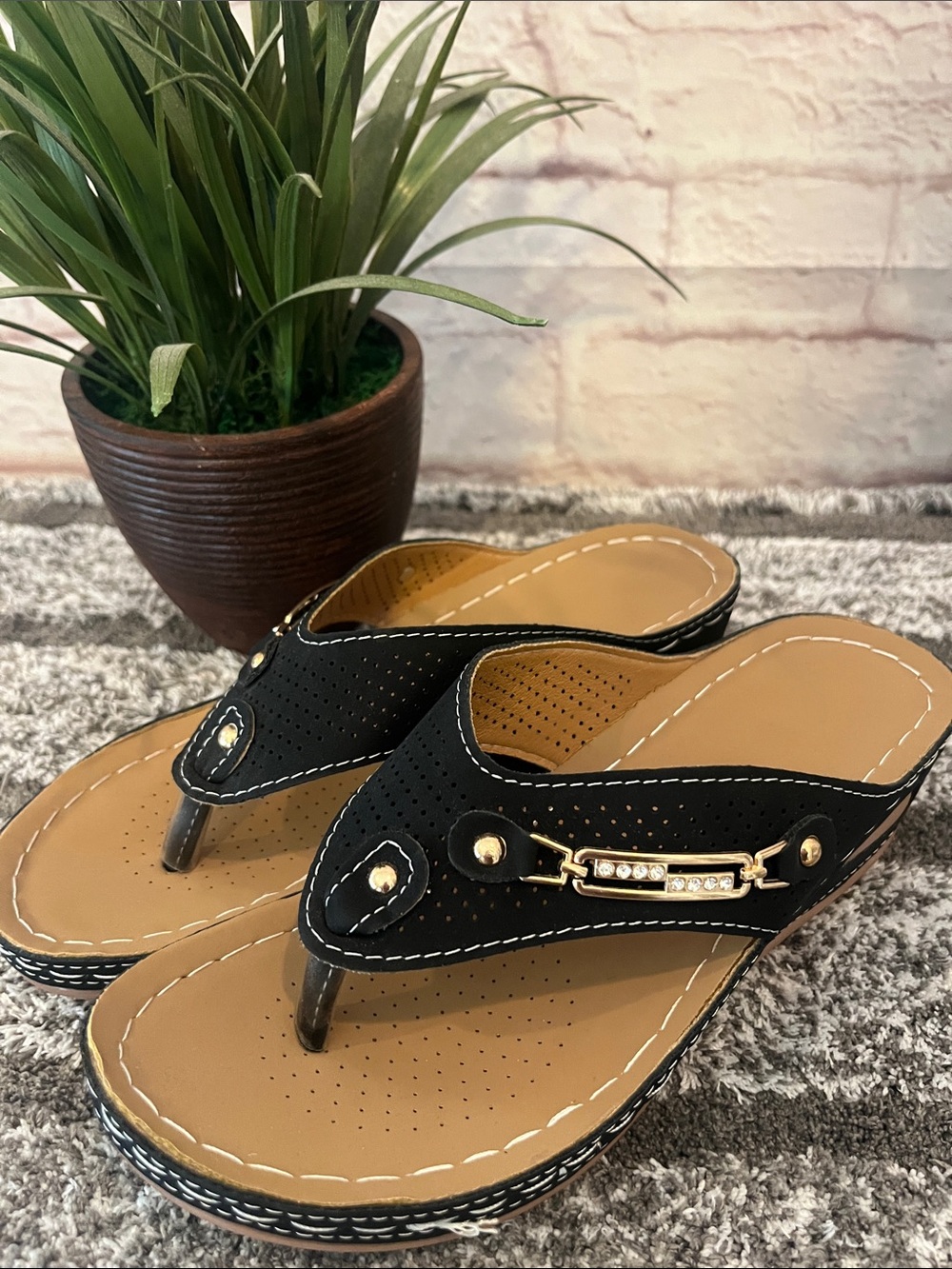 Black and Tan Embellished Thong Sandals